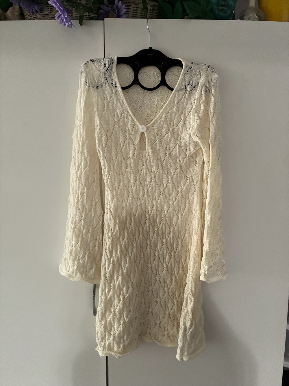 Cider Light Cream Crochet Knit Long Sleeve V-Neck Dress